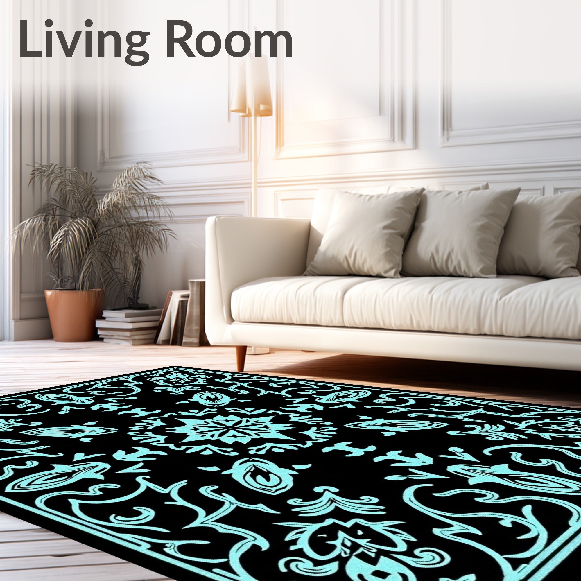 Black Aqua Floral Medallion Mandala Rug