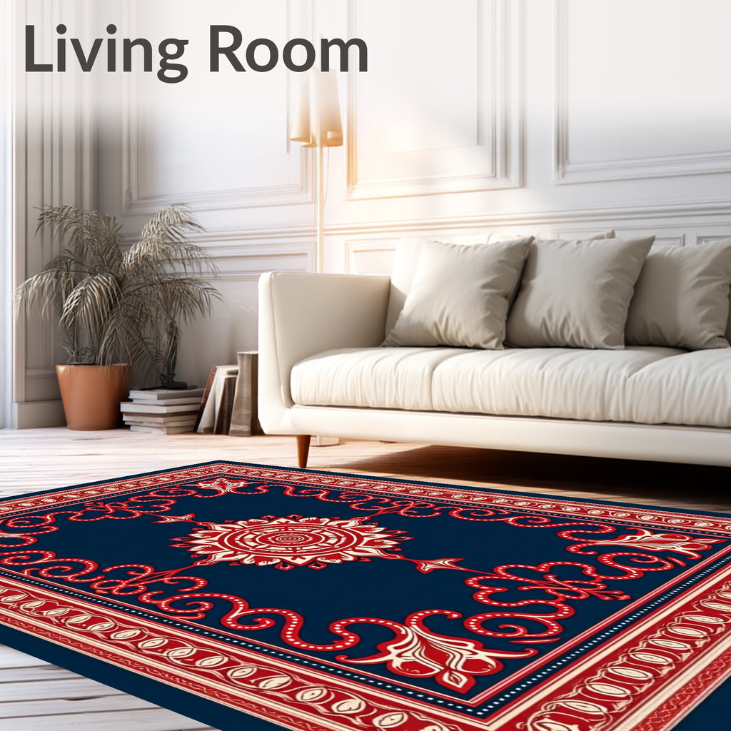 Deep Blue Red Floral Medallion Rug