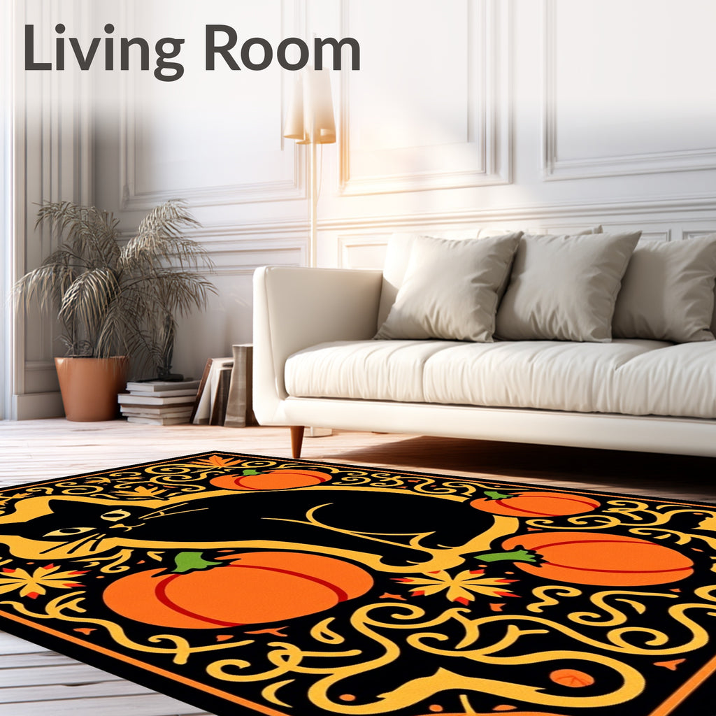 Black Cat Pumpkin Autumn Swirls Rug
