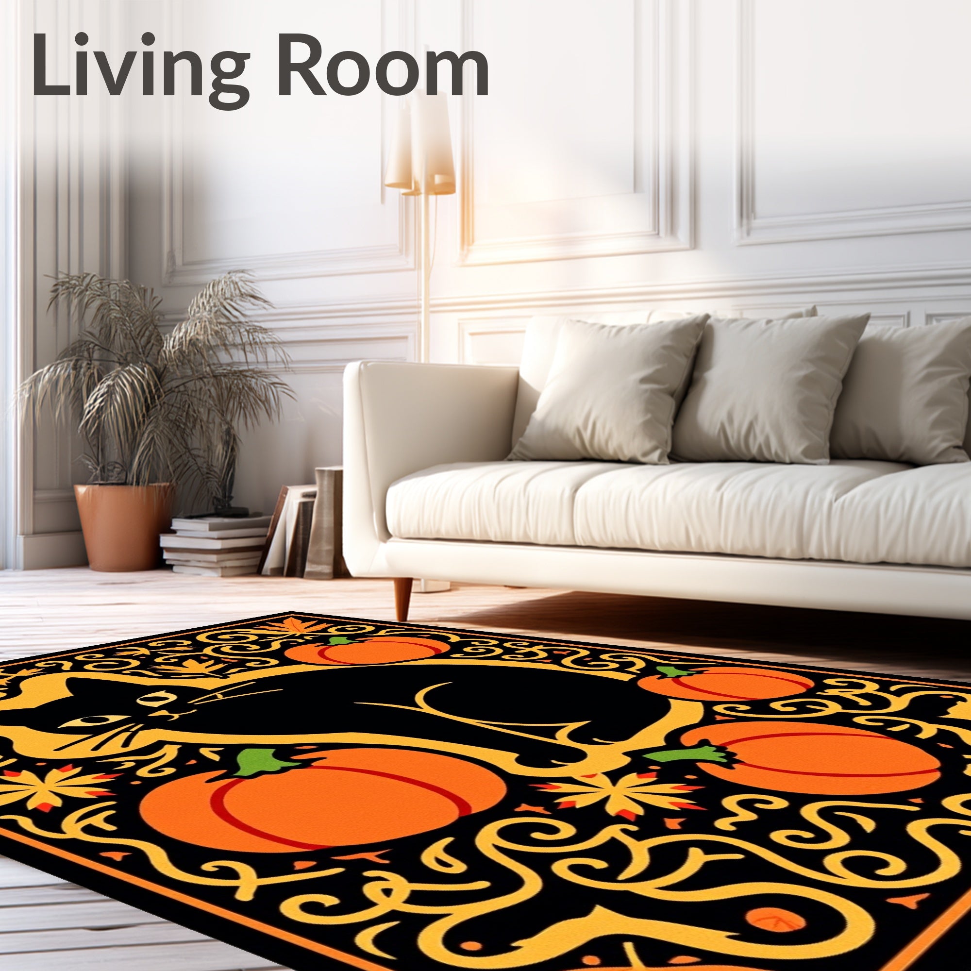 Black Cat Pumpkin Autumn Swirls Rug