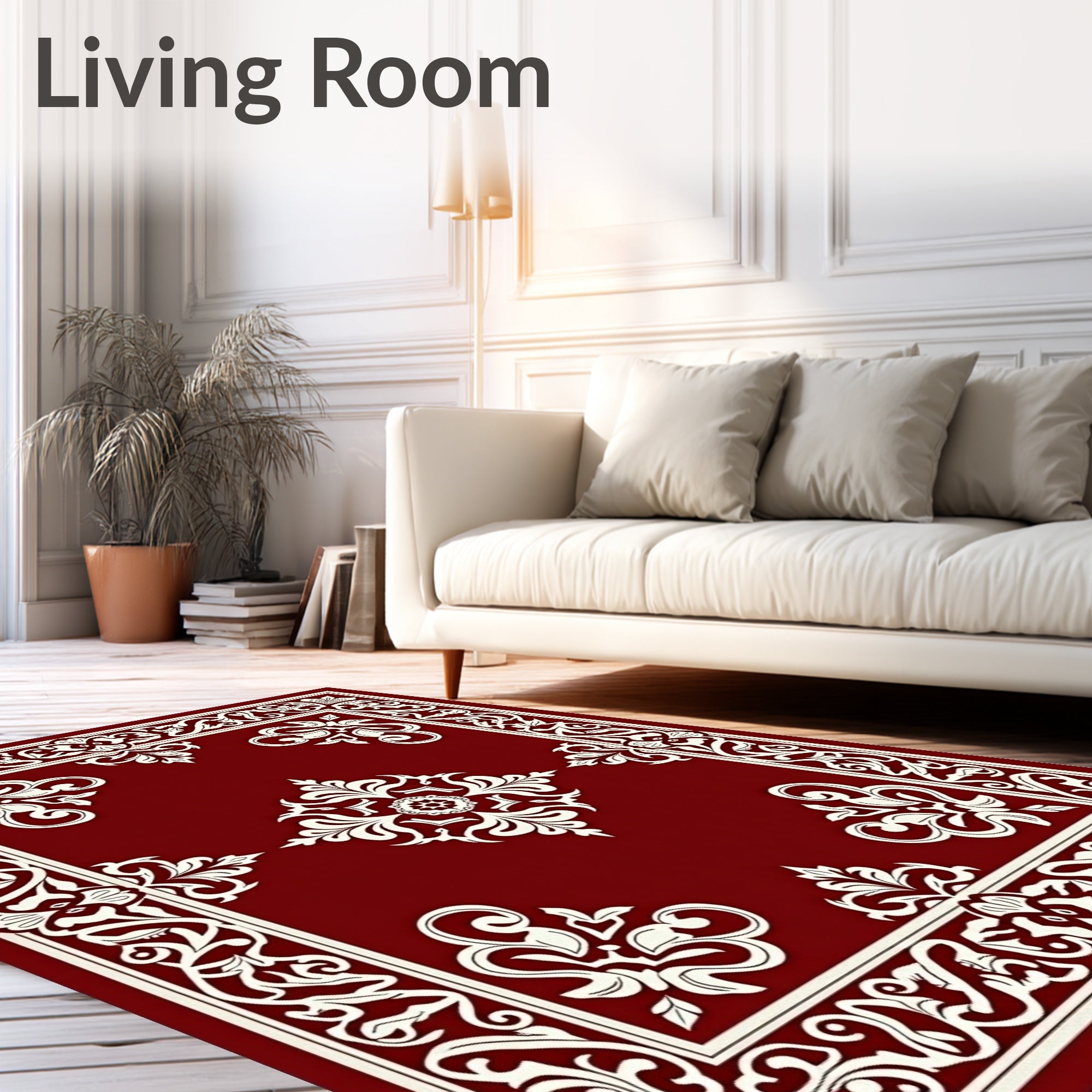 Rich Crimson Ornate Floral Border Rug