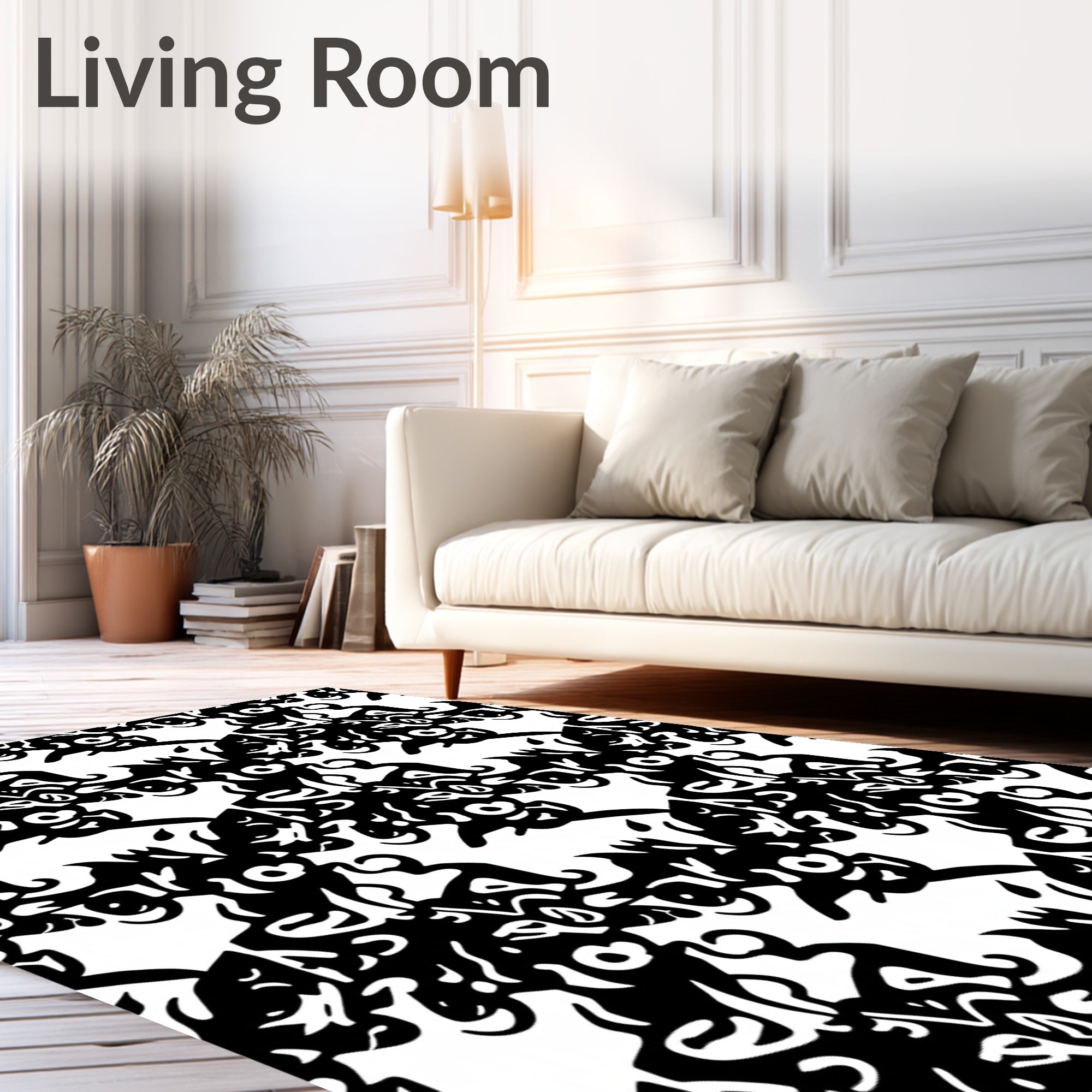 Abstract Black White Whimsical Creatures Rug
