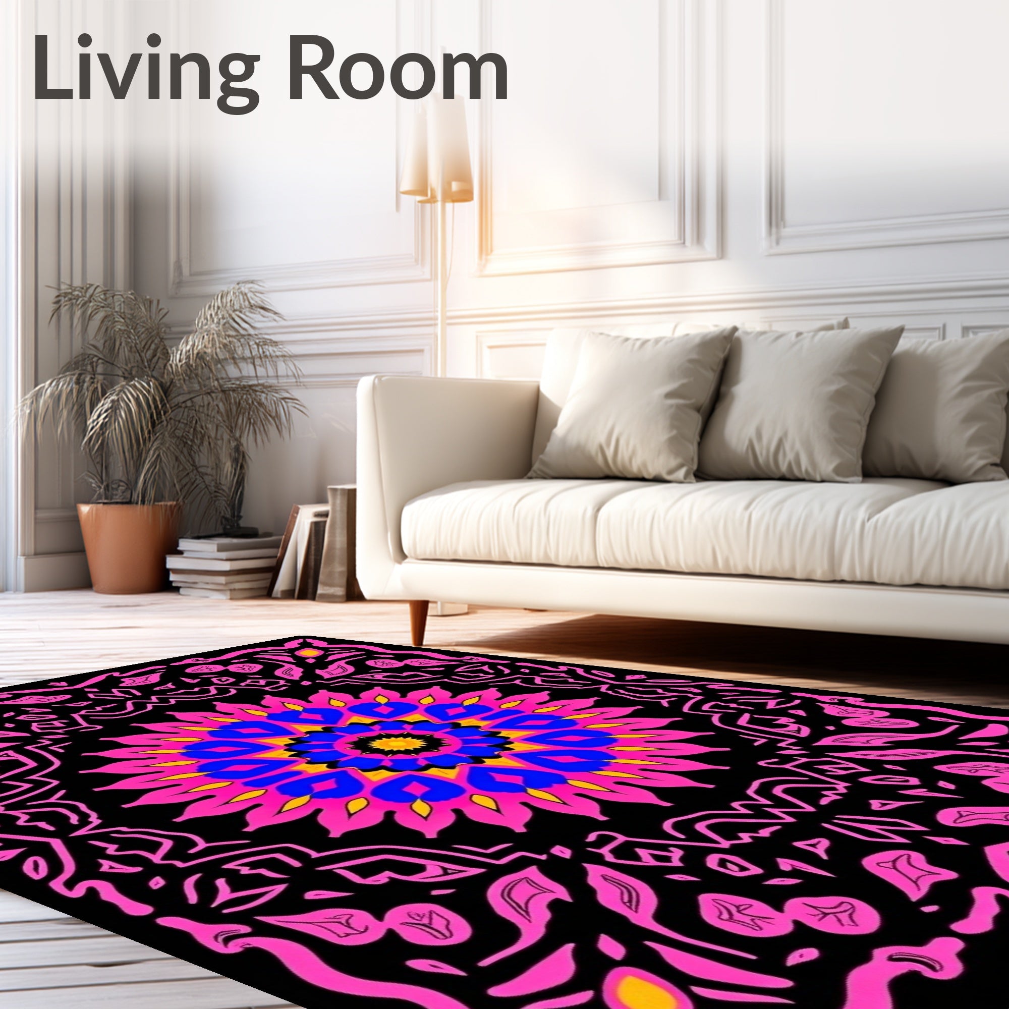 Vibrant Pink Blue Yellow Floral Mandala Rug