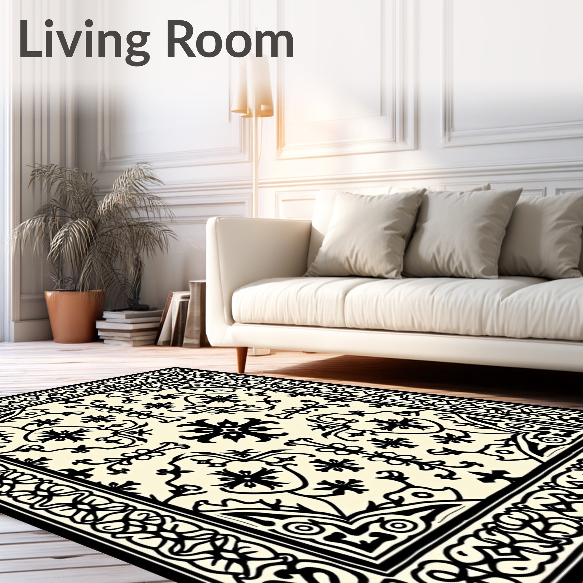 Cream Beige Medieval Floral Border Rug
