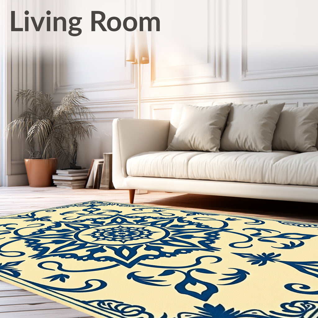 Navy Blue Cream Medallion Scroll Rug