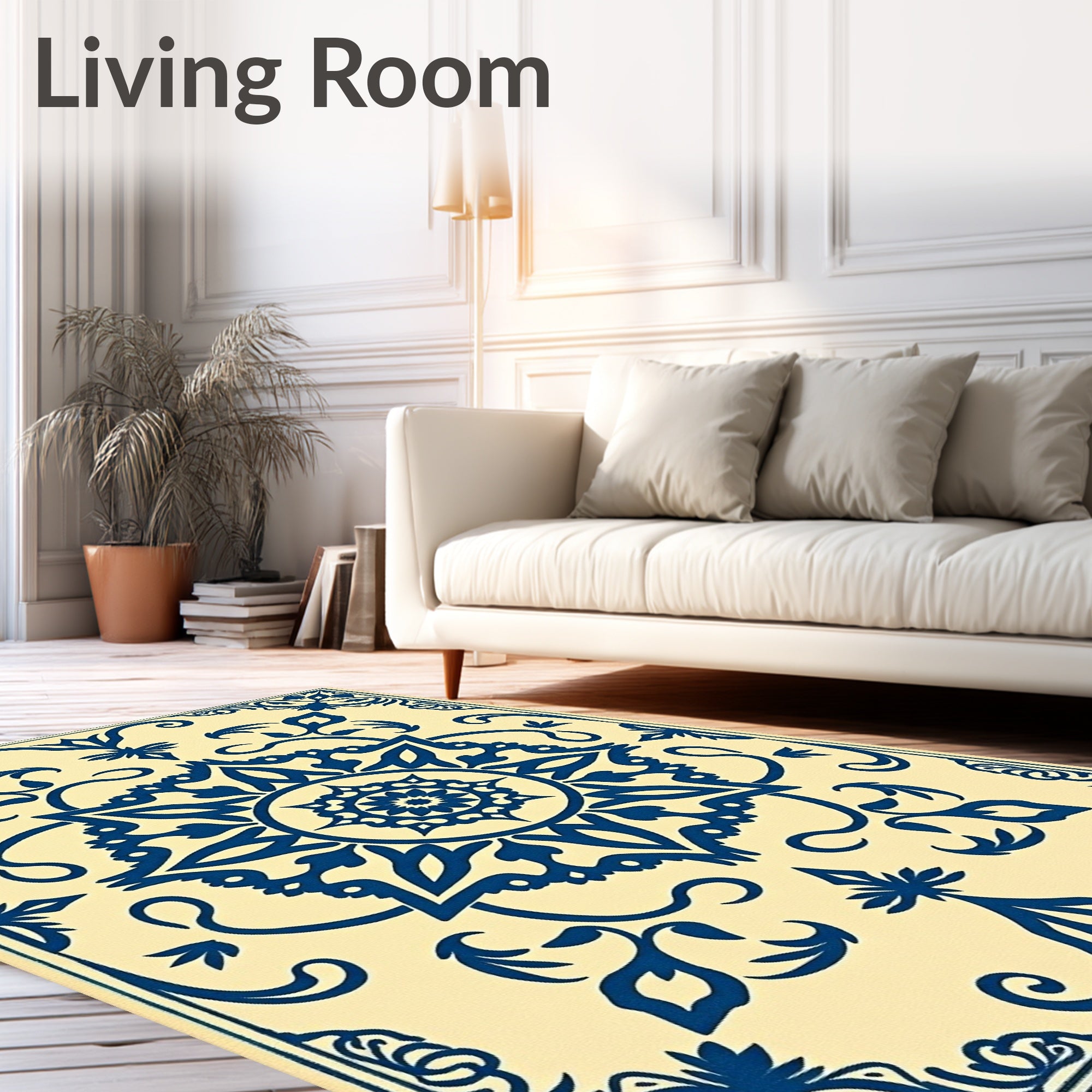 Navy Blue Cream Medallion Scroll Rug