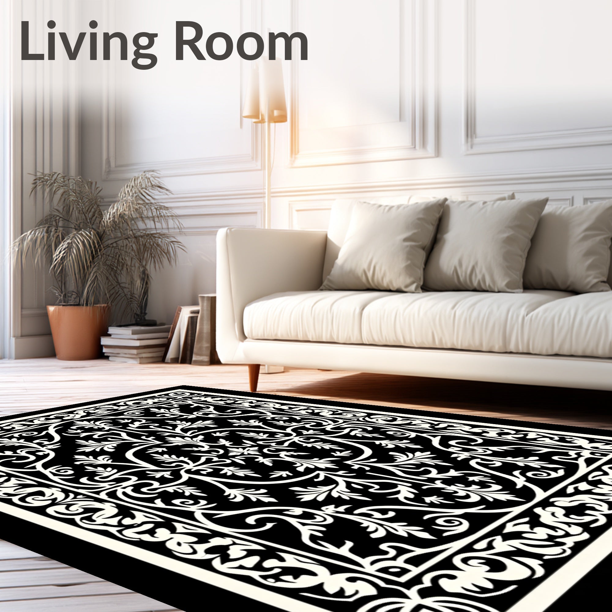 Black White Filigree Scrollwork medallion Rug