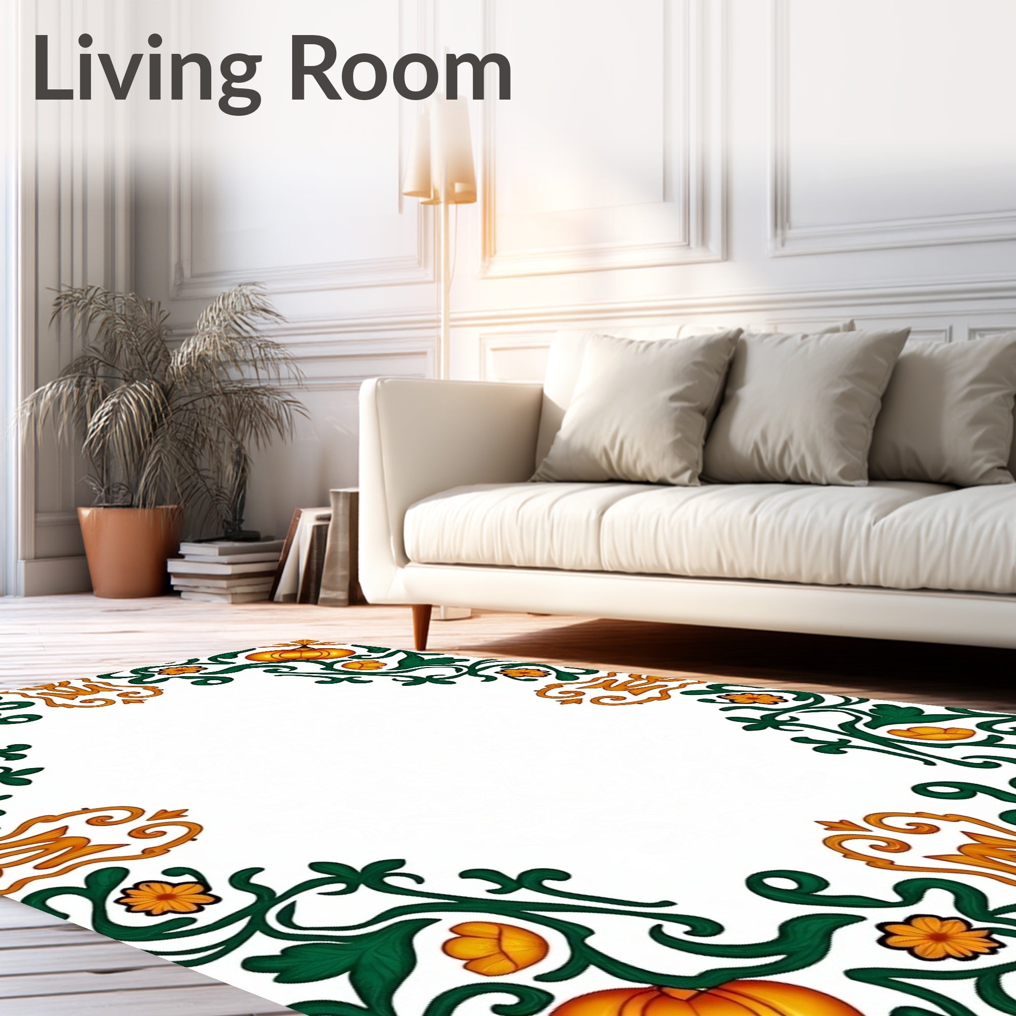Golden Pumpkin Green Vine Floral Accent Rug