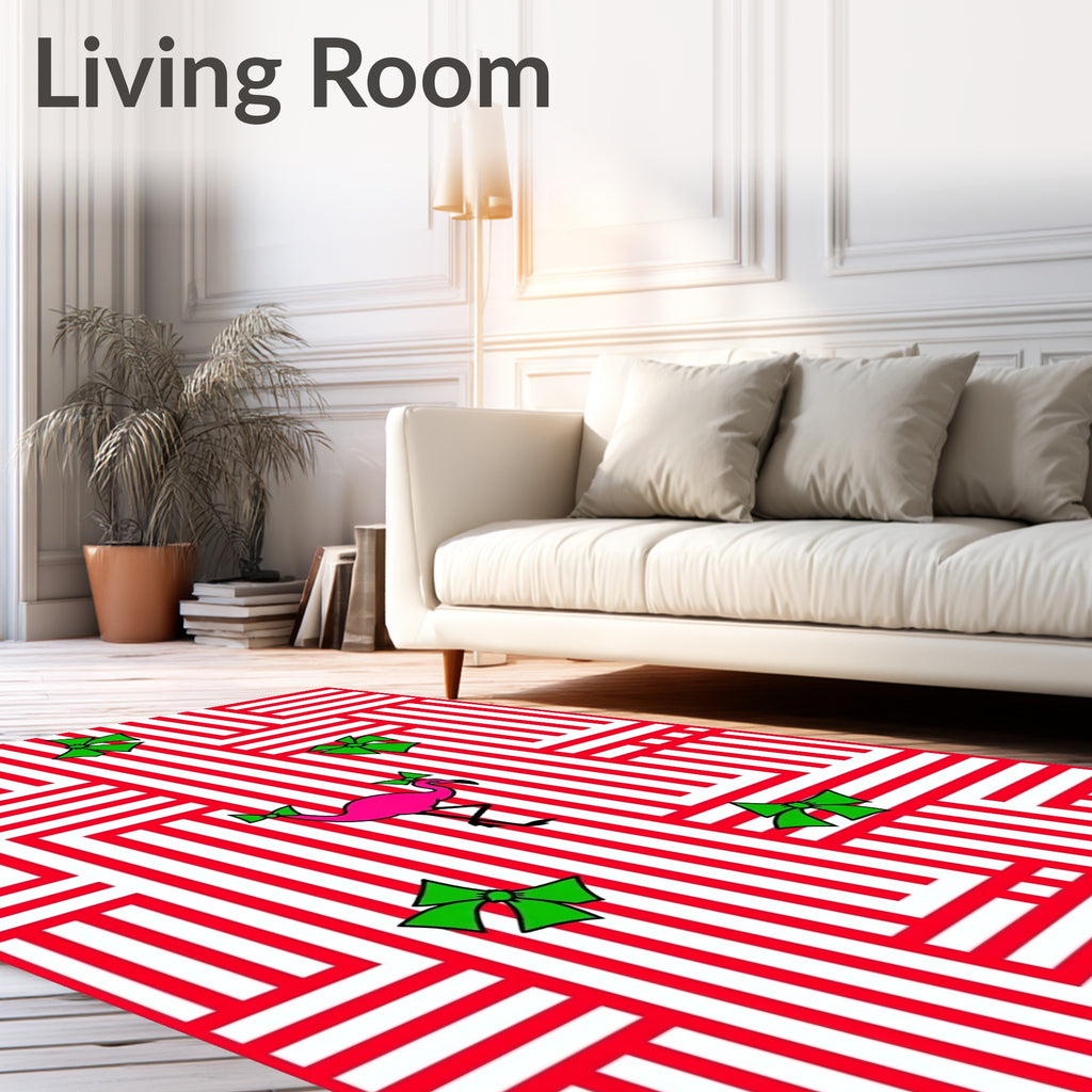 Pink Flamingo Red White Striped Bows Rug