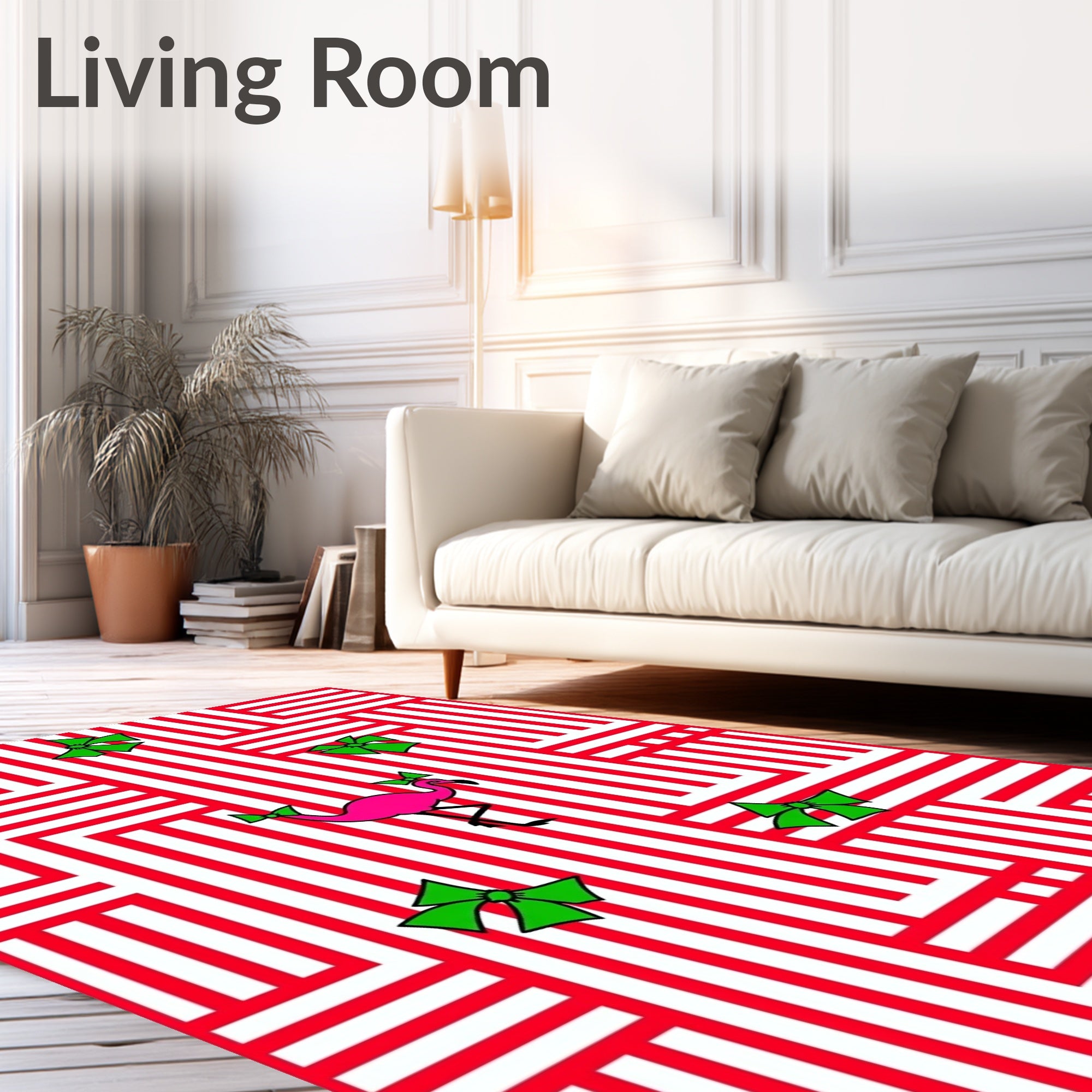 Pink Flamingo Red White Striped Bows Rug
