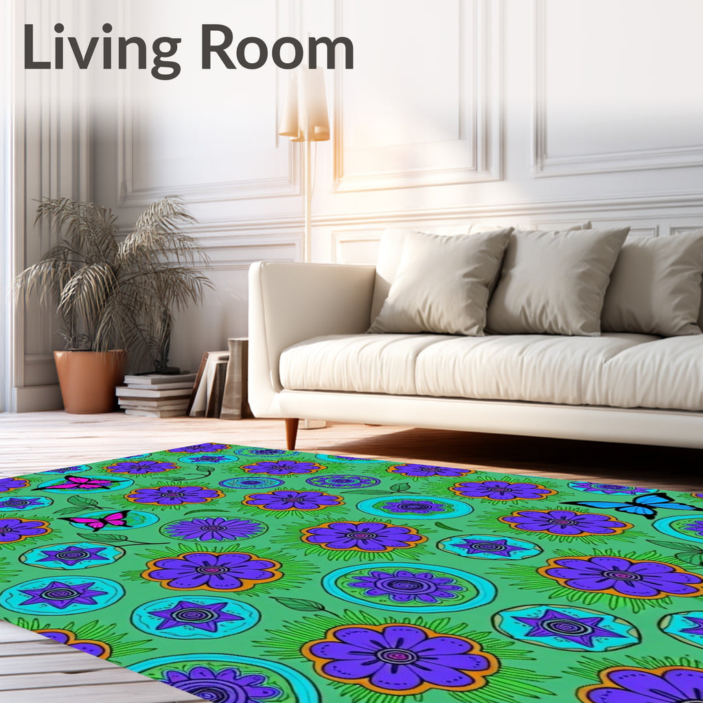 Vibrant Purple Flower Butterfly Garden Rug