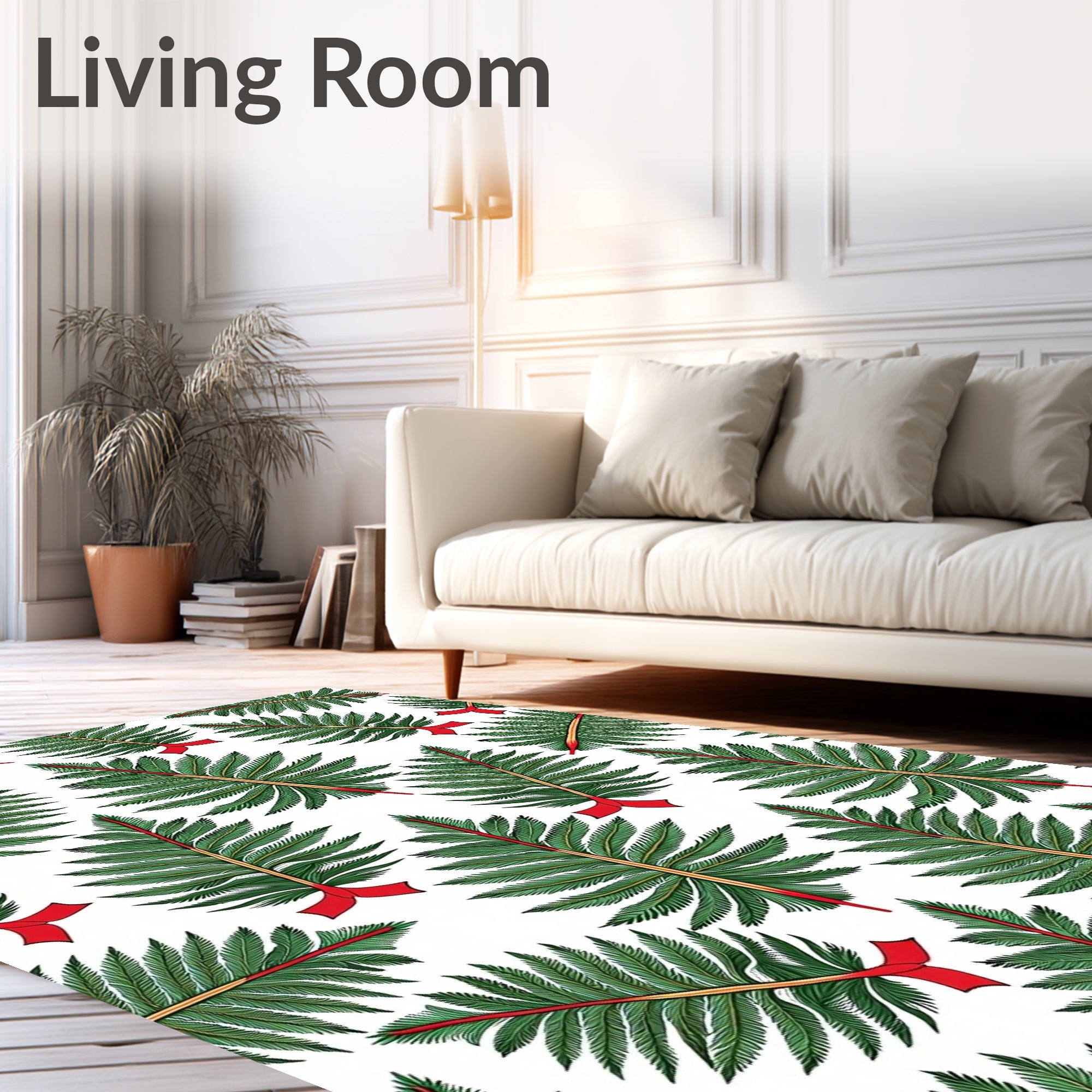 Green Pine Sprigs Red Ribbon All-Over Rug