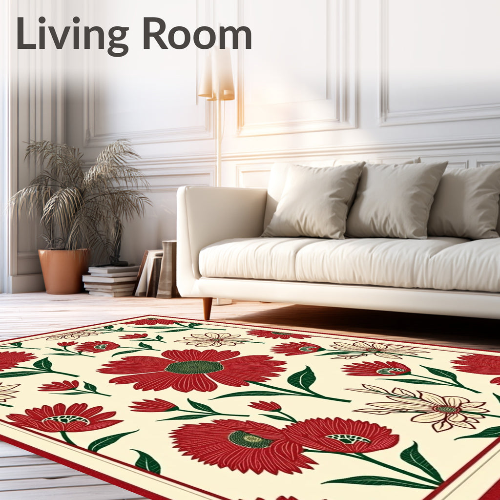 Crimson Floral Blossom Garden Rug