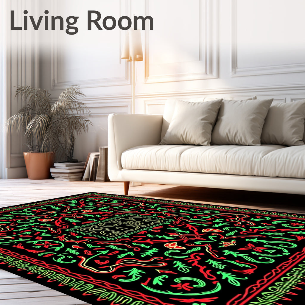 Bold Red Green Abstract Botanical Outline Rug