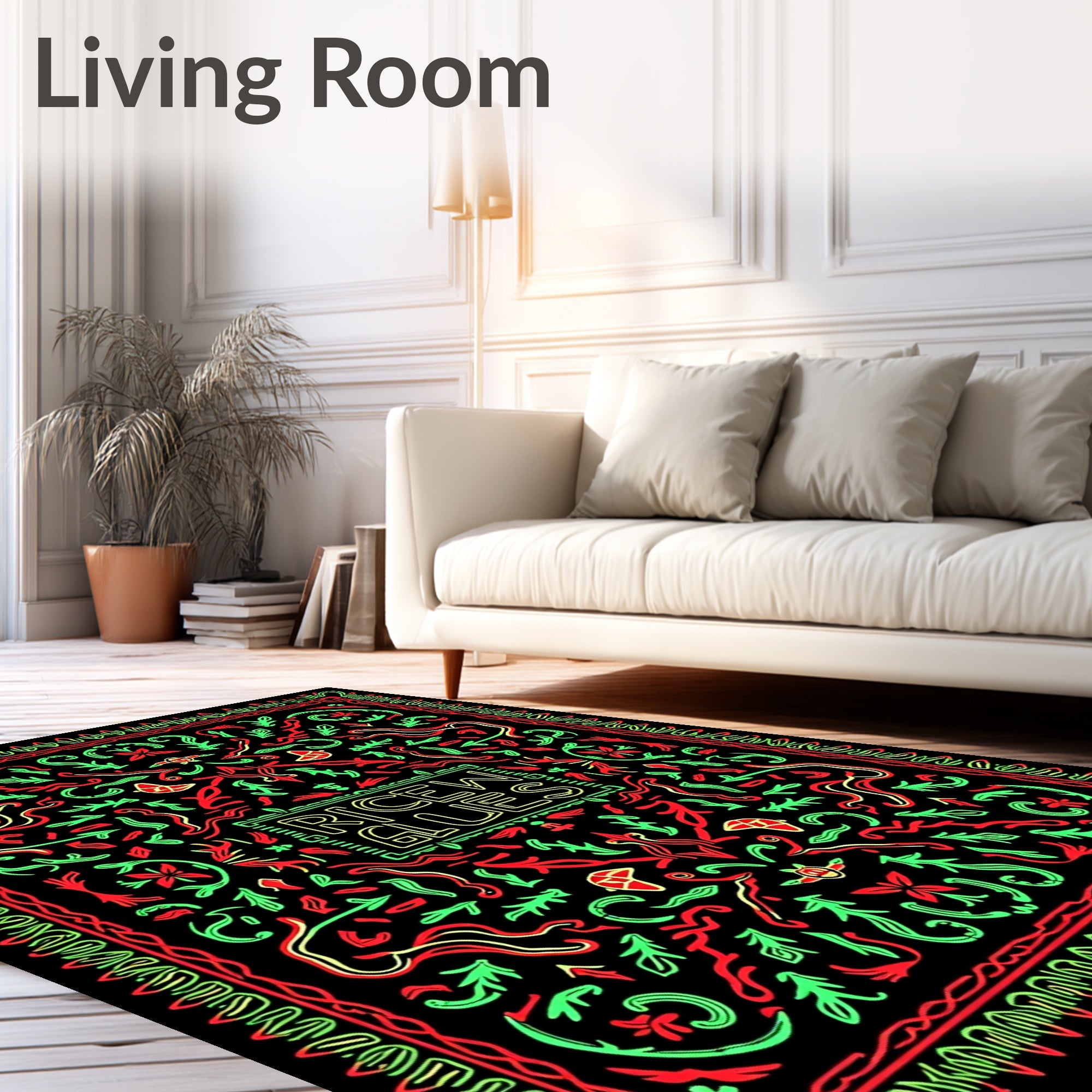 Bold Red Green Abstract Botanical Outline Rug