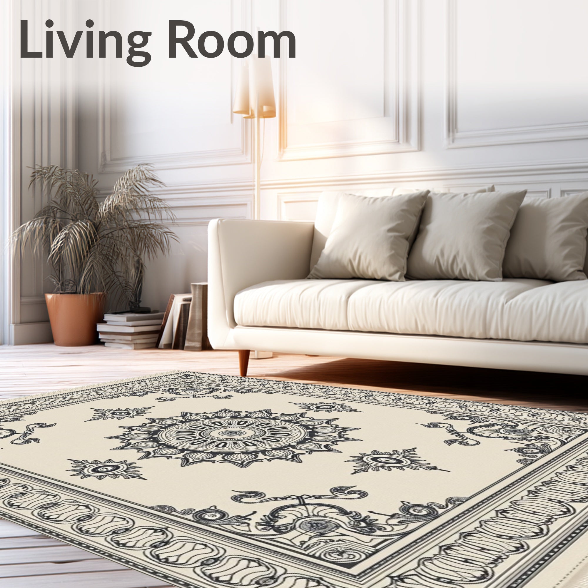Ivory Black Medallion Border Framing Rug