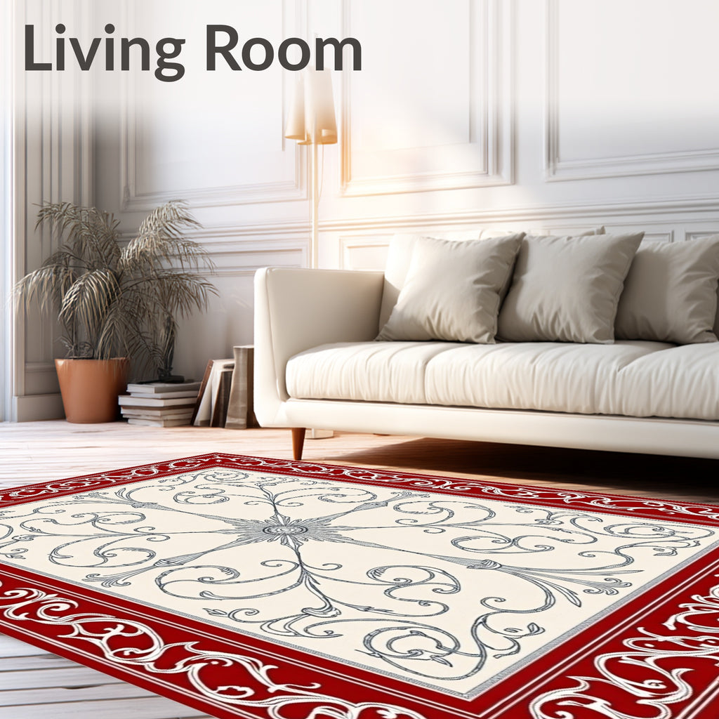 Crimson Red Ornate Floral Scroll Rug