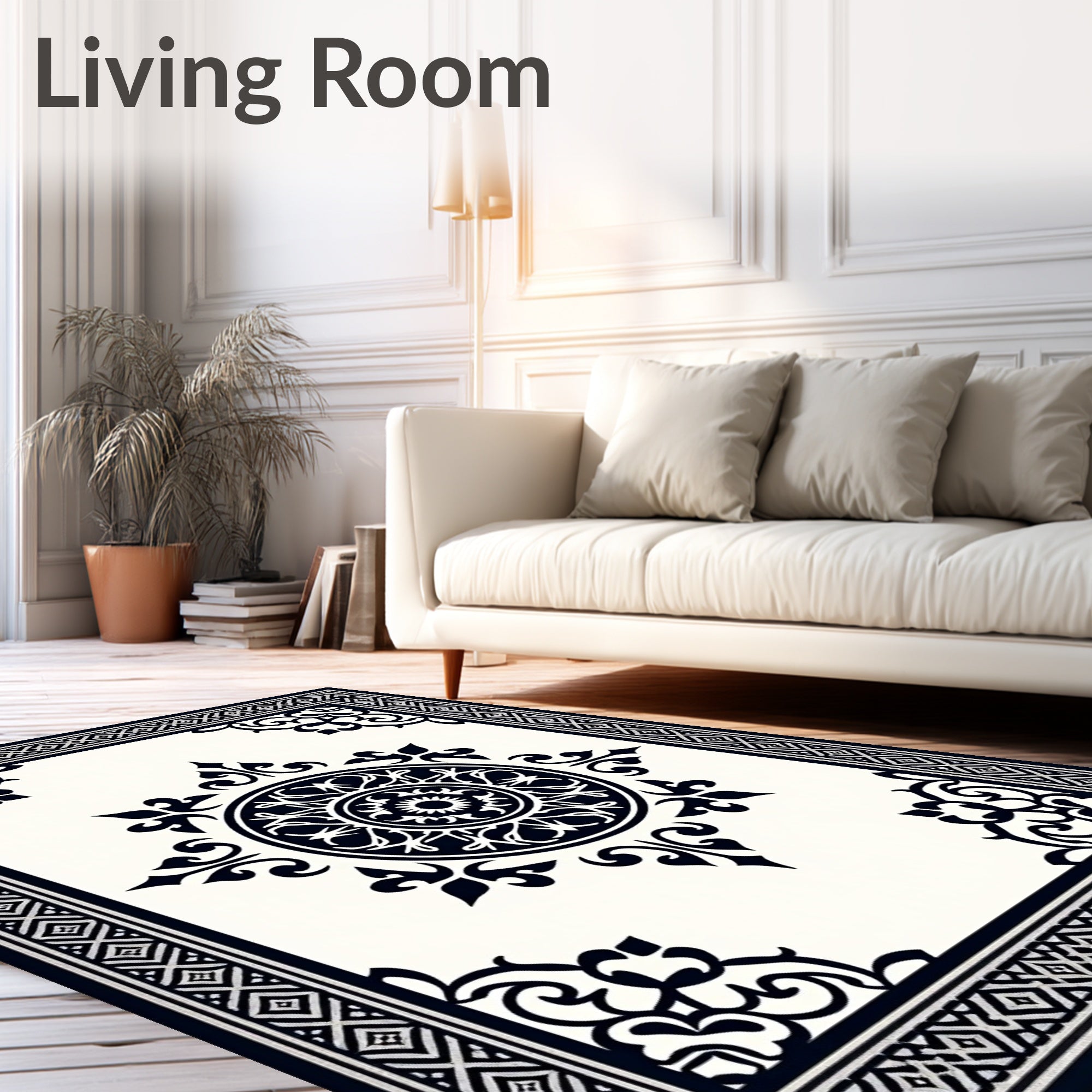 Classic Black White Mandala Border Rug