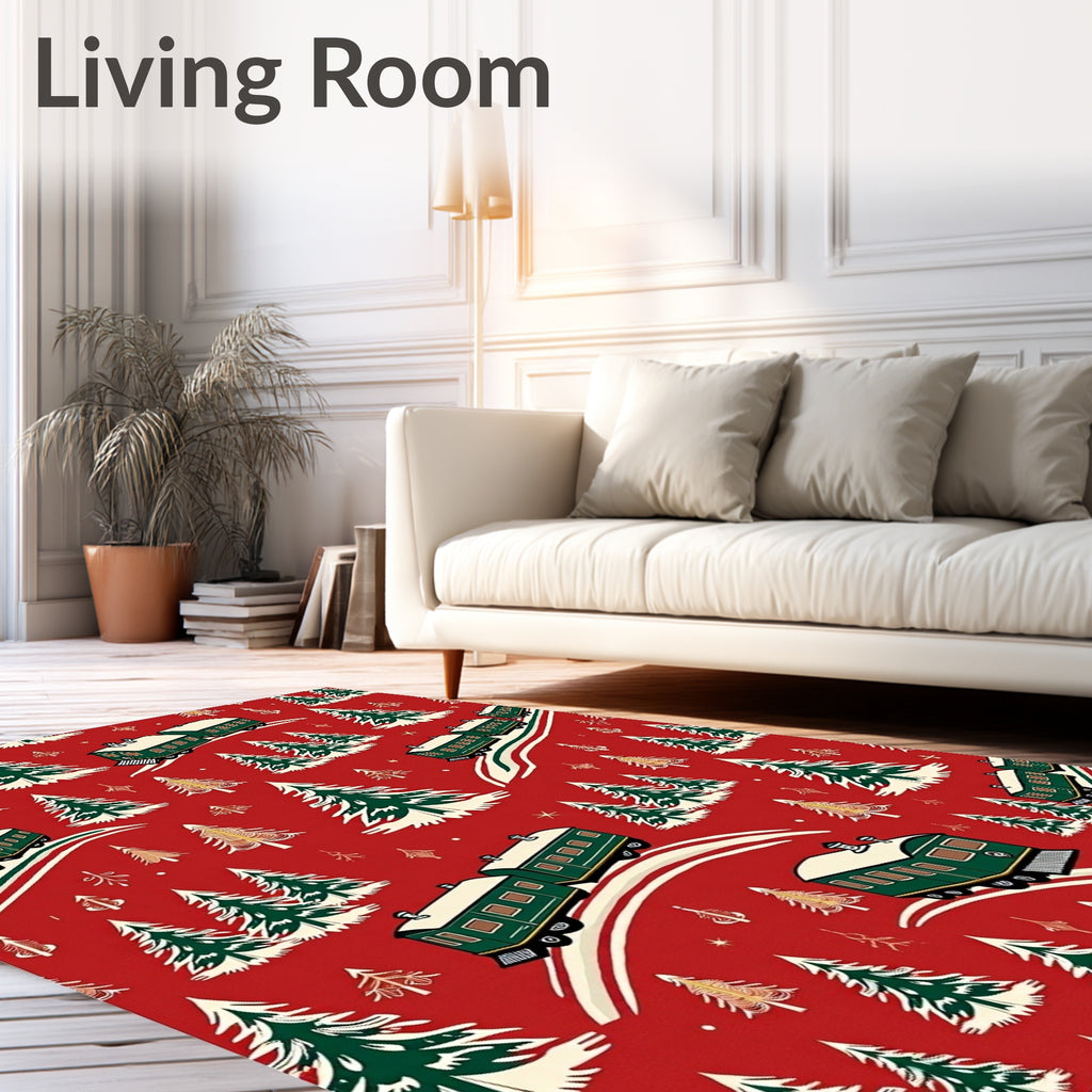 Victorian Green Train Snowy Christmas Trees Rug