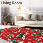 Victorian Green Train Snowy Christmas Trees Rug