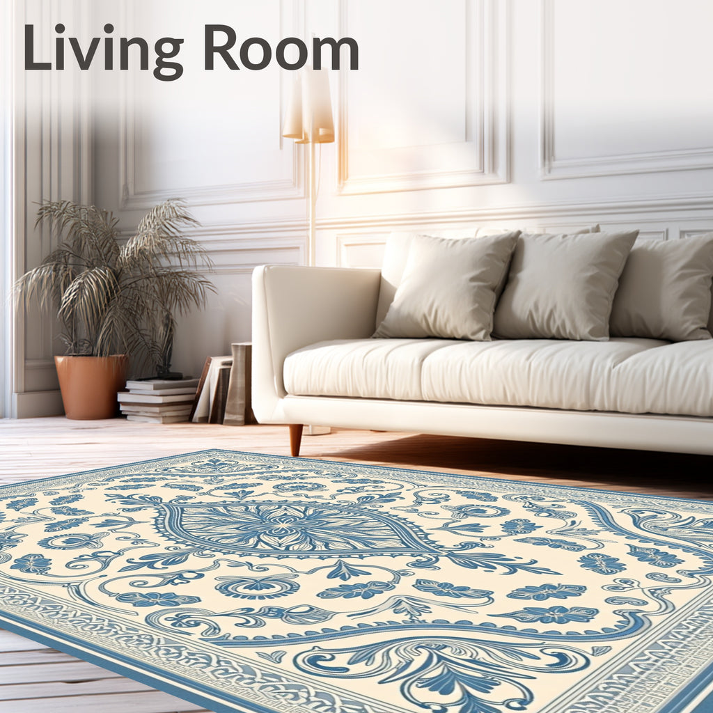 Elaborate Blue Floral Medallion Cream Rug