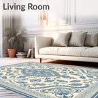 Elaborate Blue Floral Medallion Cream Rug