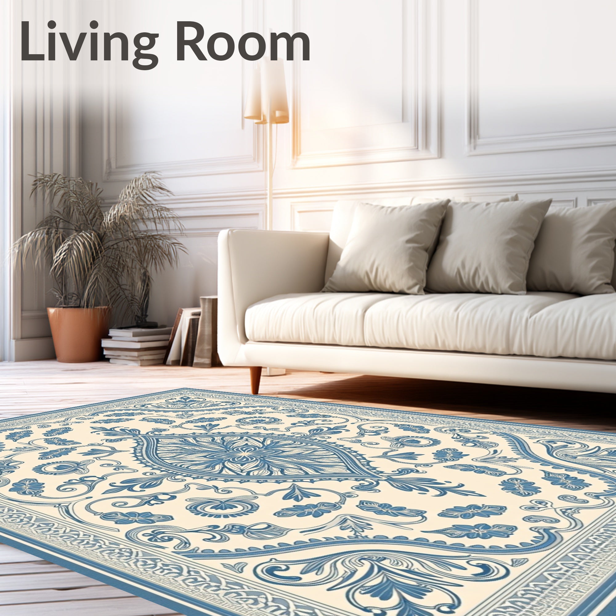 Elaborate Blue Floral Medallion Cream Rug