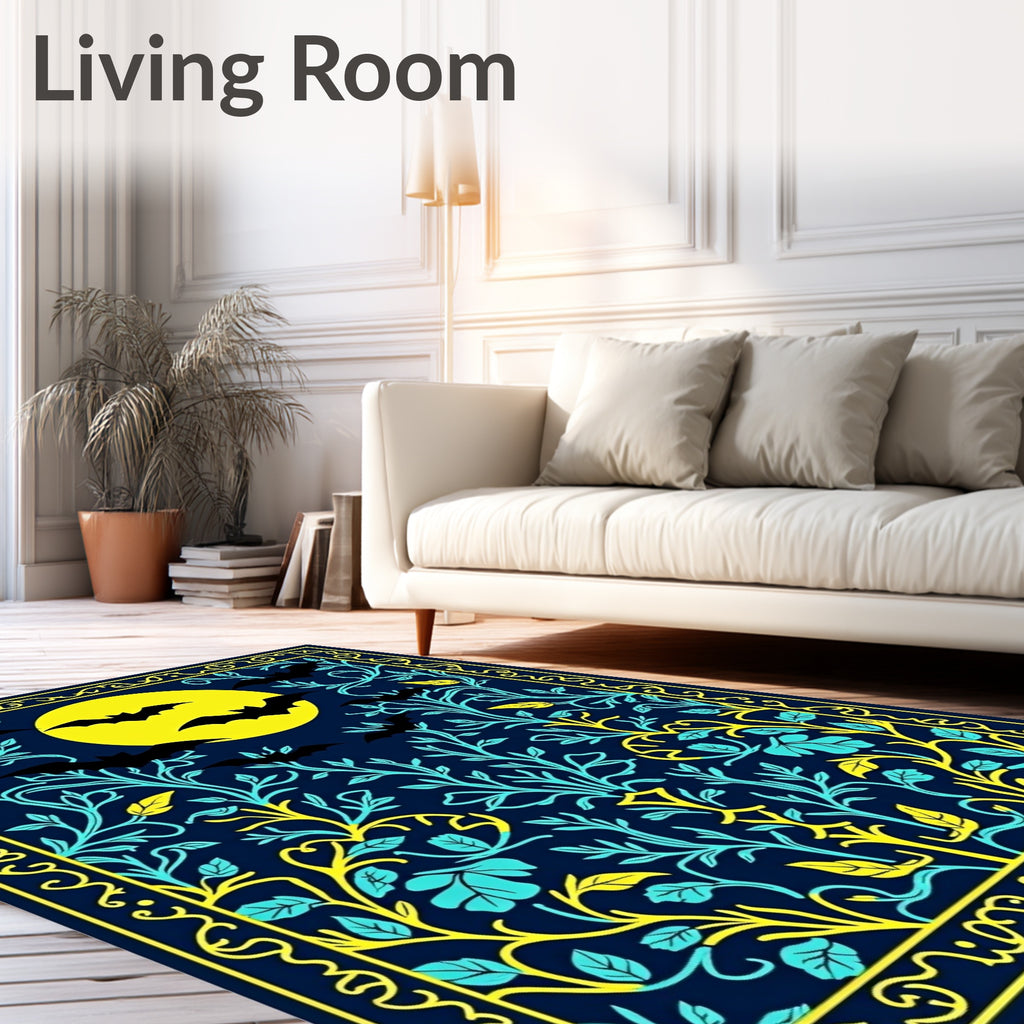 Midnight Bats Yellow Moon Botanical Rug