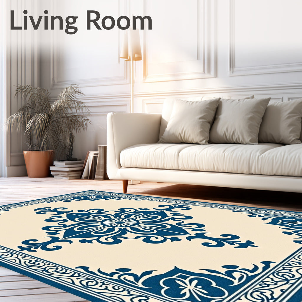 Ornate Blue Flourish Symmetrical Arrangement Rug
