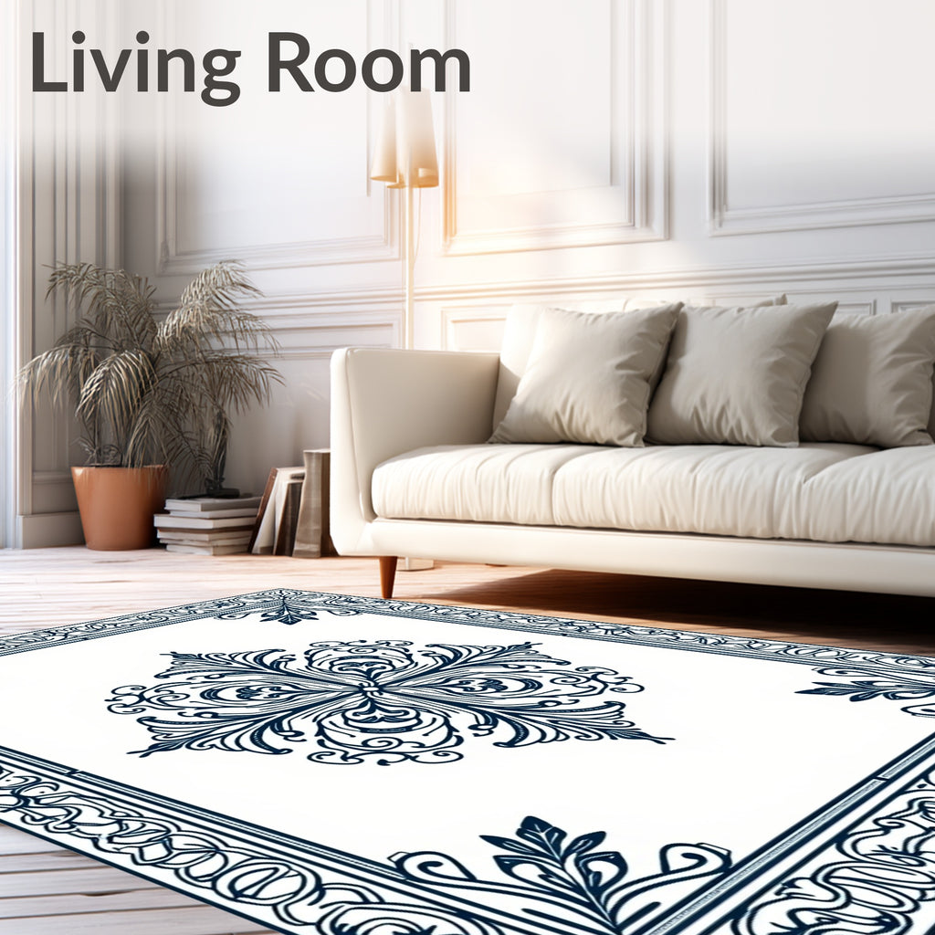 Ornate Dark Blue Floral Medallion Border Rug