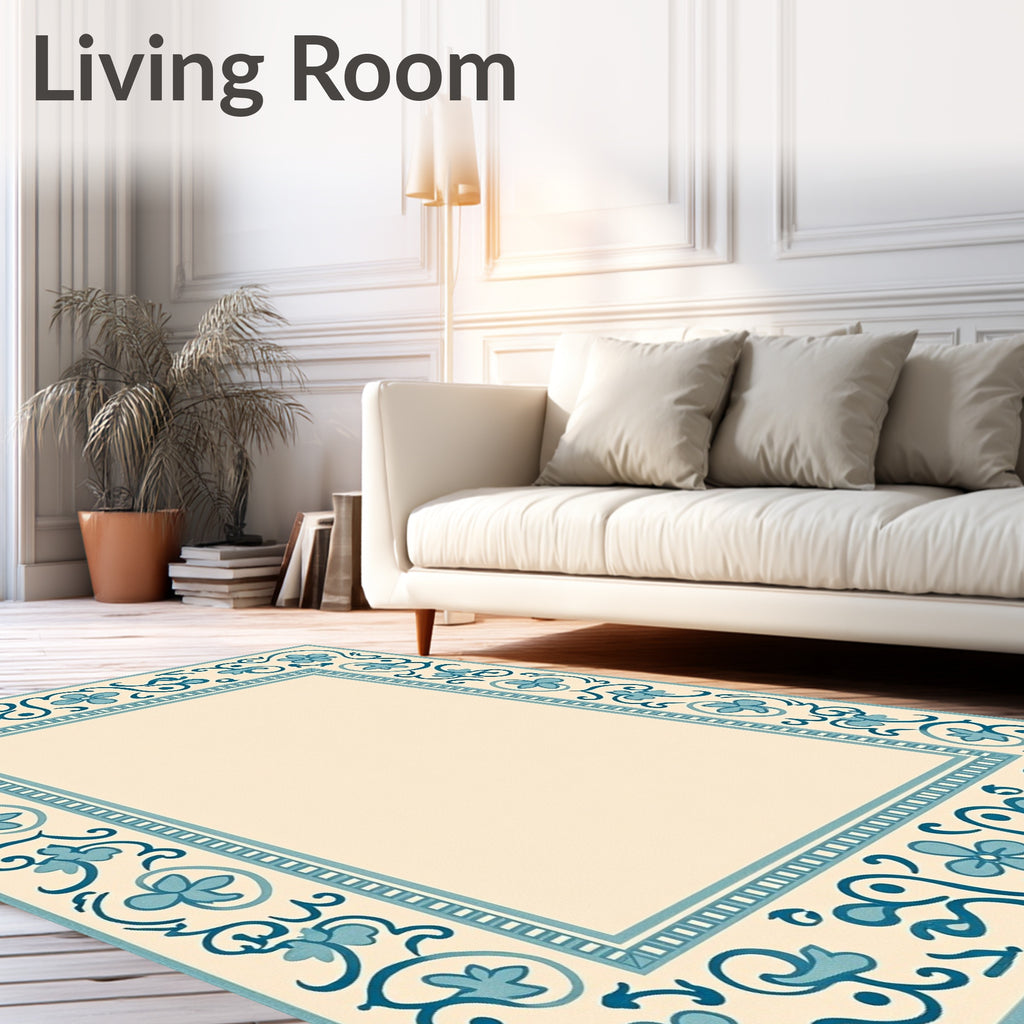 Cream Teal Floral Border Medallion Rug