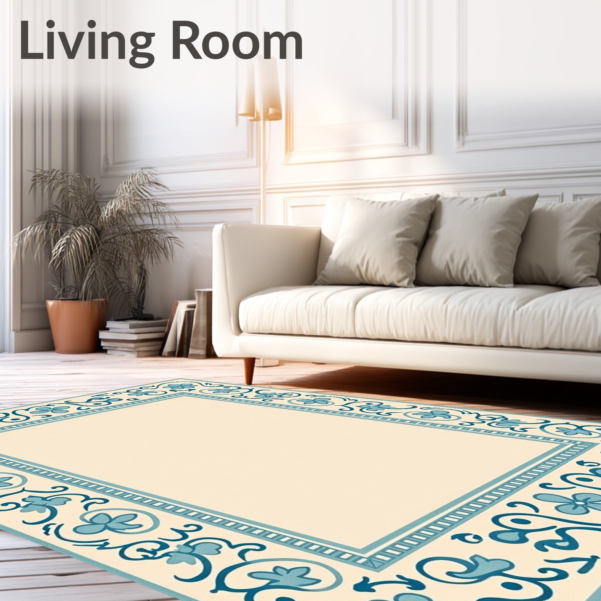 Cream Teal Floral Border Medallion Rug
