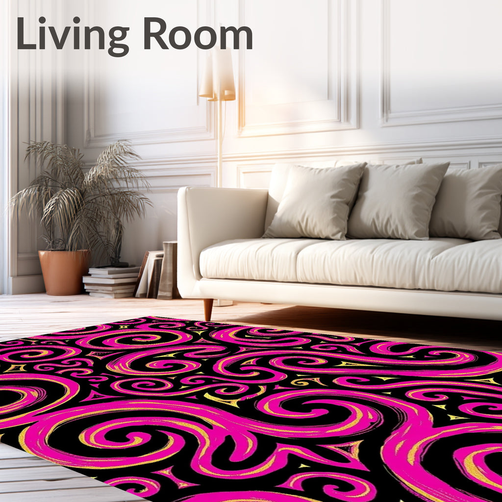 Vibrant Pink Gold Swirls Black Rug