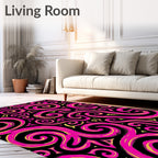 Vibrant Pink Gold Swirls Black Rug