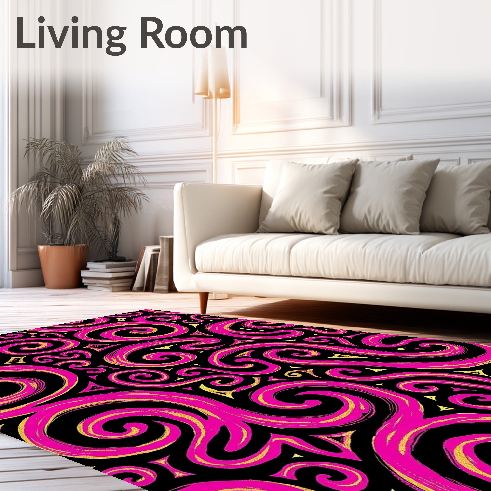 Vibrant Pink Gold Swirls Black Rug