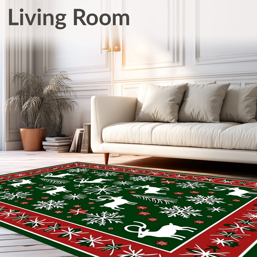 Green White Red Reindeer Snowflakes Festive Rug