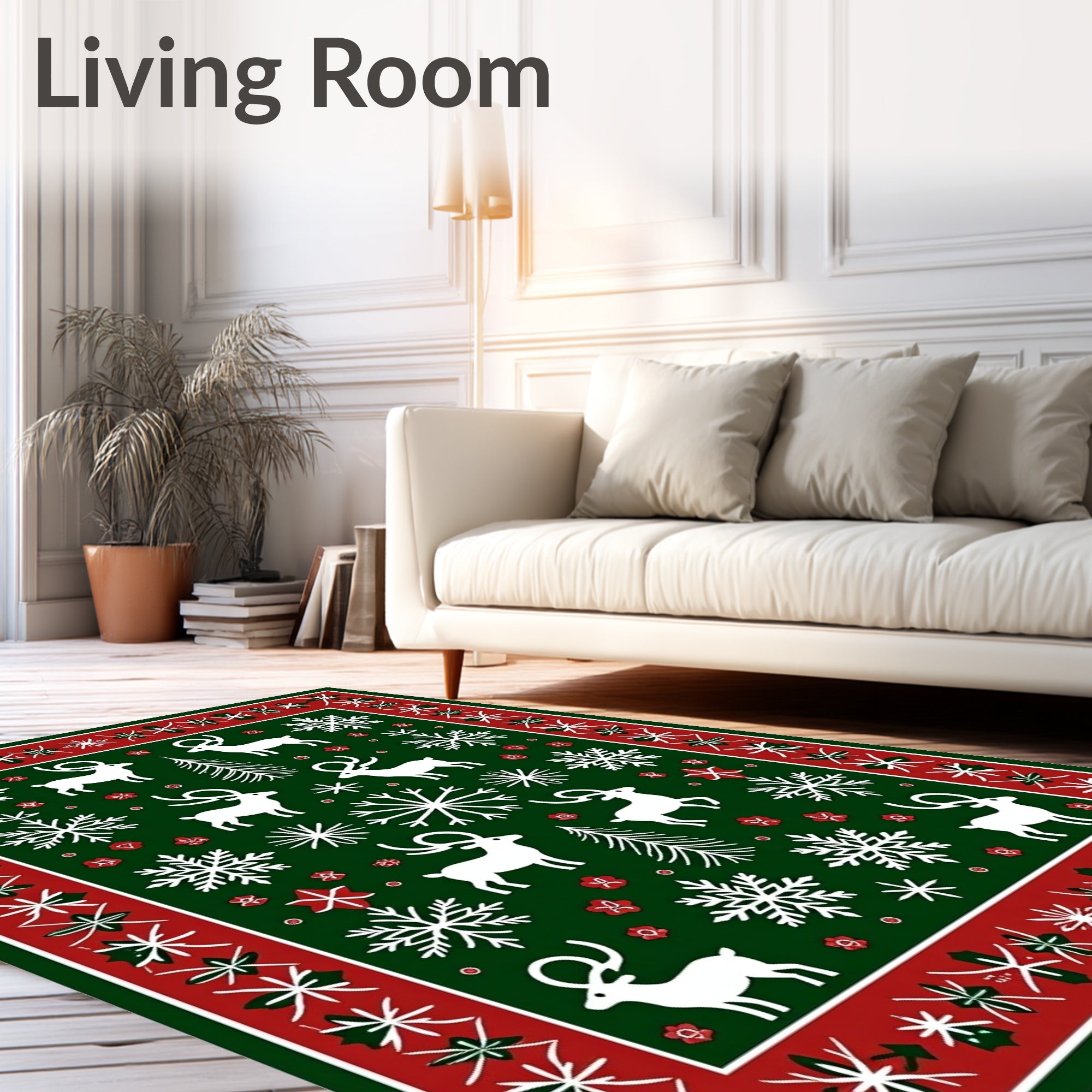 Green White Red Reindeer Snowflakes Festive Rug