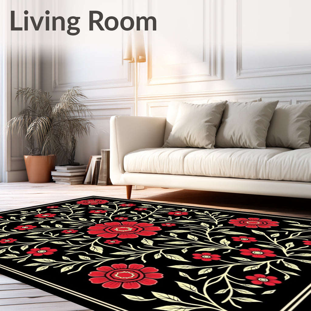 Crimson Floral Branch Symmetry Rug