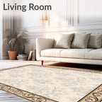 Ornate Beige Damask Scroll Border Rug
