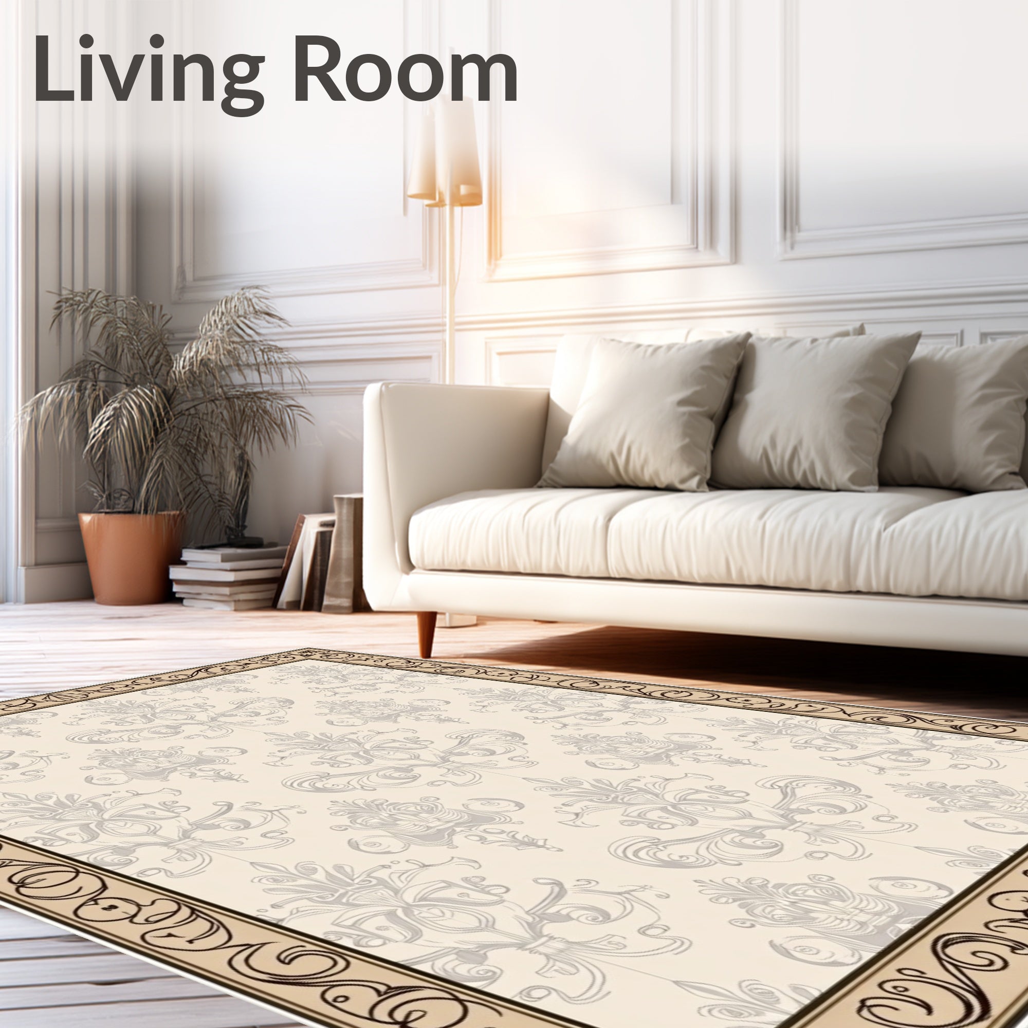 Ornate Beige Damask Scroll Border Rug