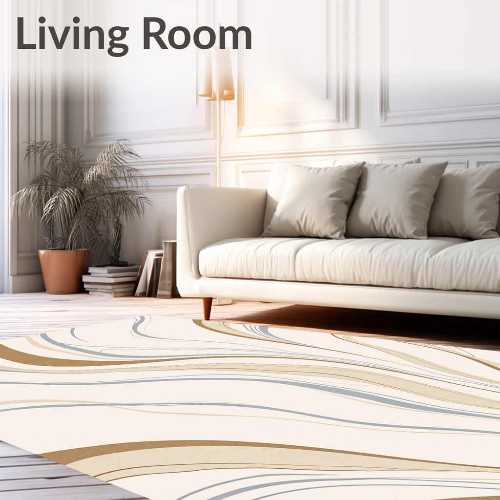 Cream Tan Blue Swirl Lines Rug