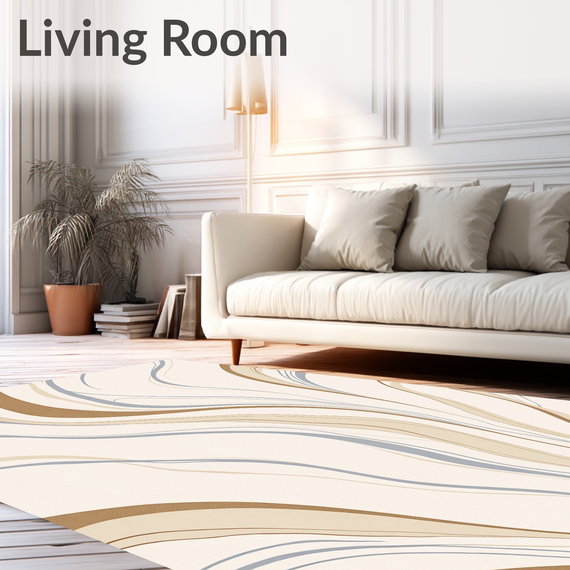 Cream Tan Blue Swirl Lines Rug