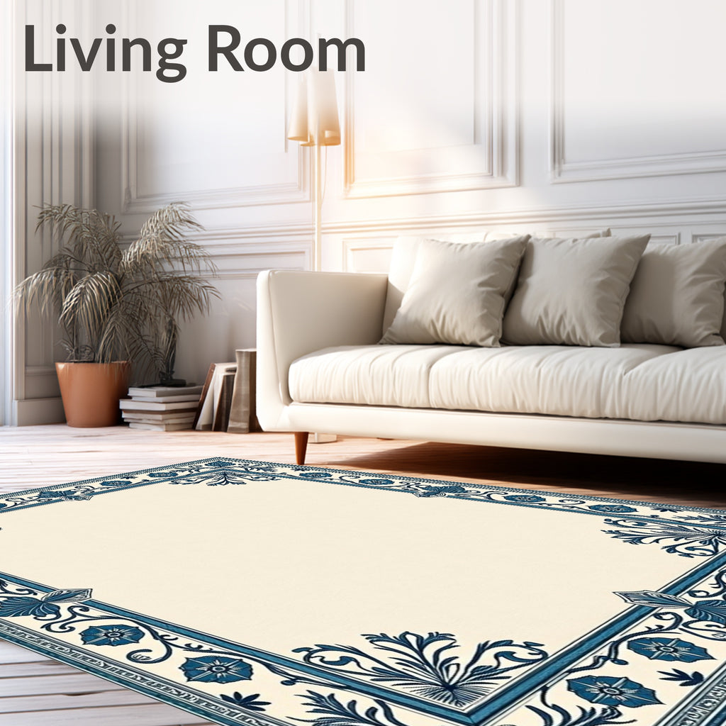 Vintage Navy Floral Scroll Border Rug