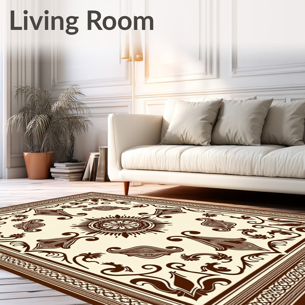 Brown Cream Damask Floral Medallion Rug