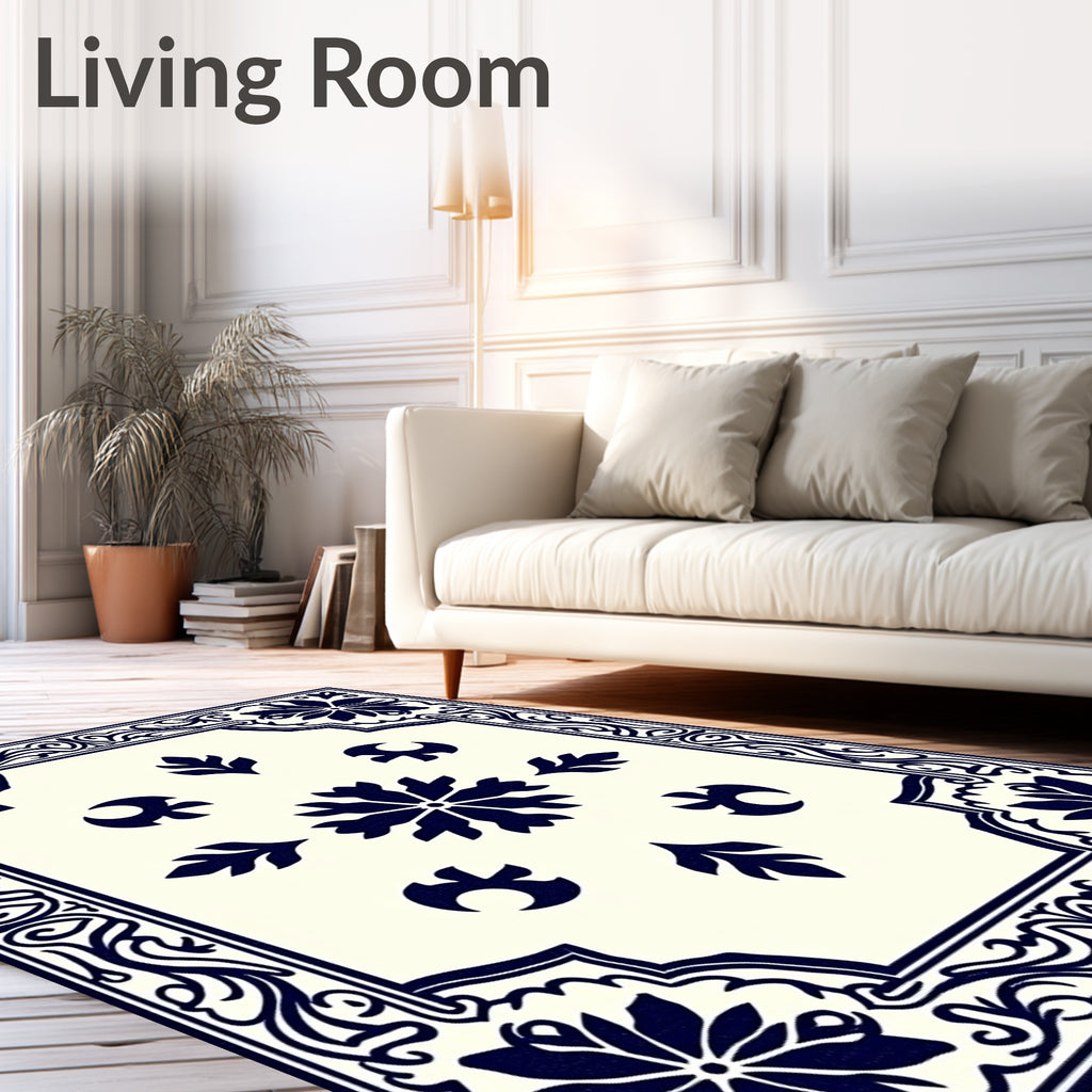 Classic Navy Floral Medallion Frame Rug