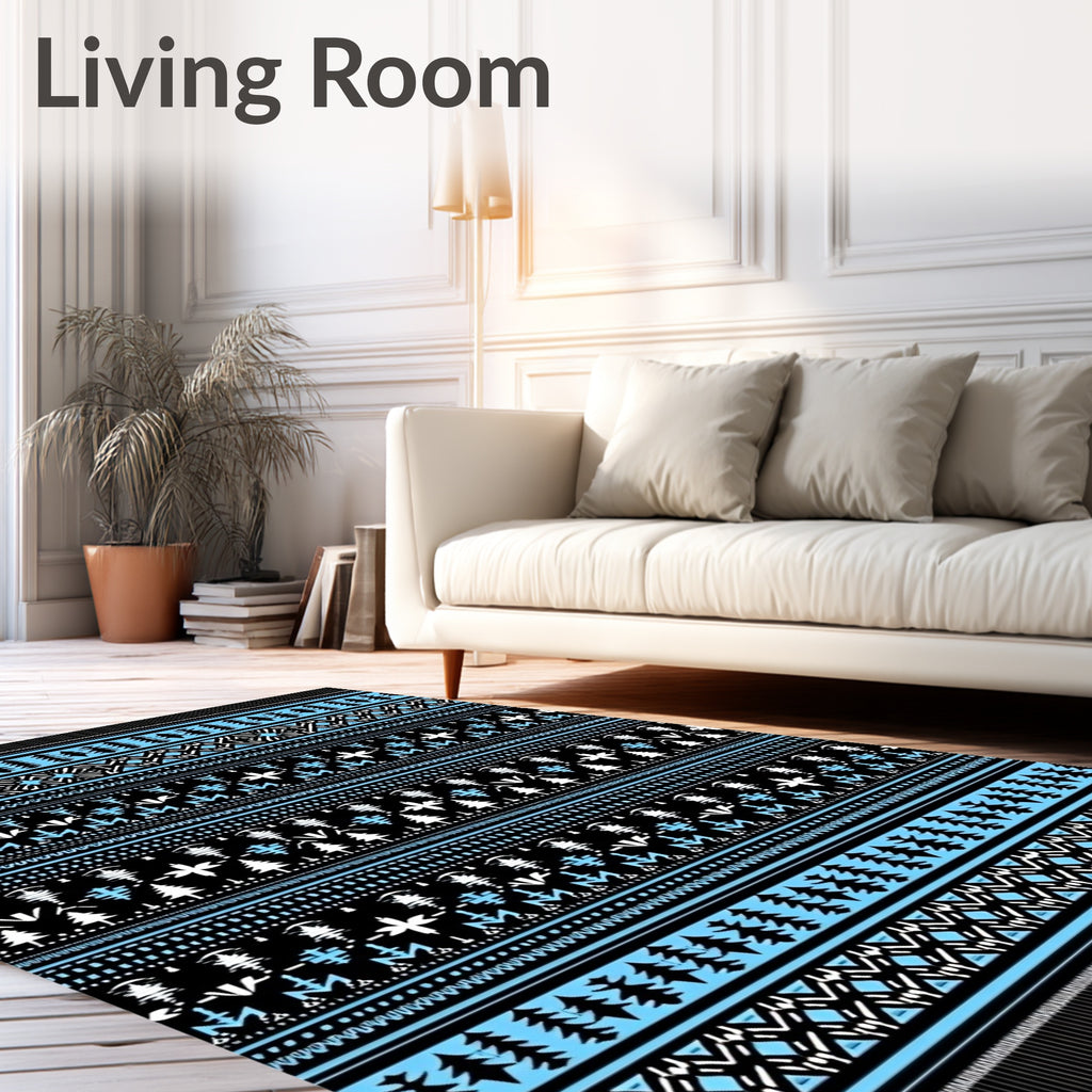 Black Blue White Tribal Stripes Rug