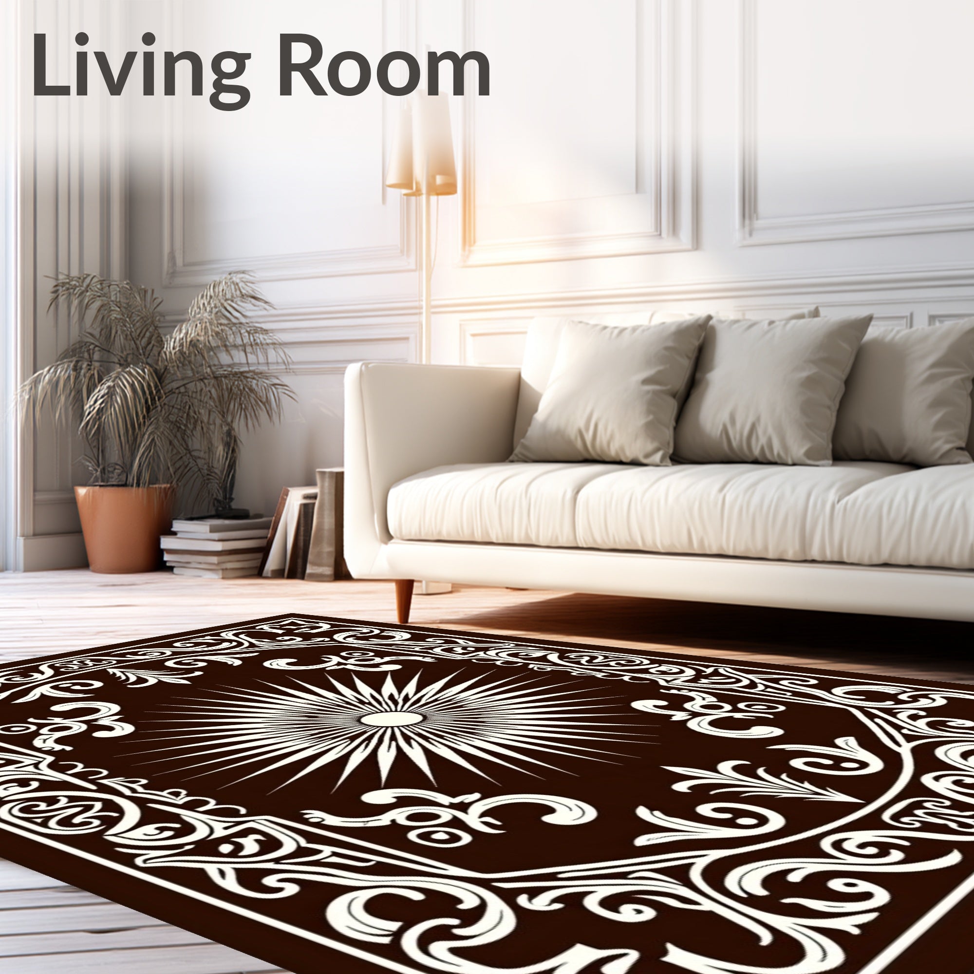 Dark Brown Sunburst Medallion Border Rug