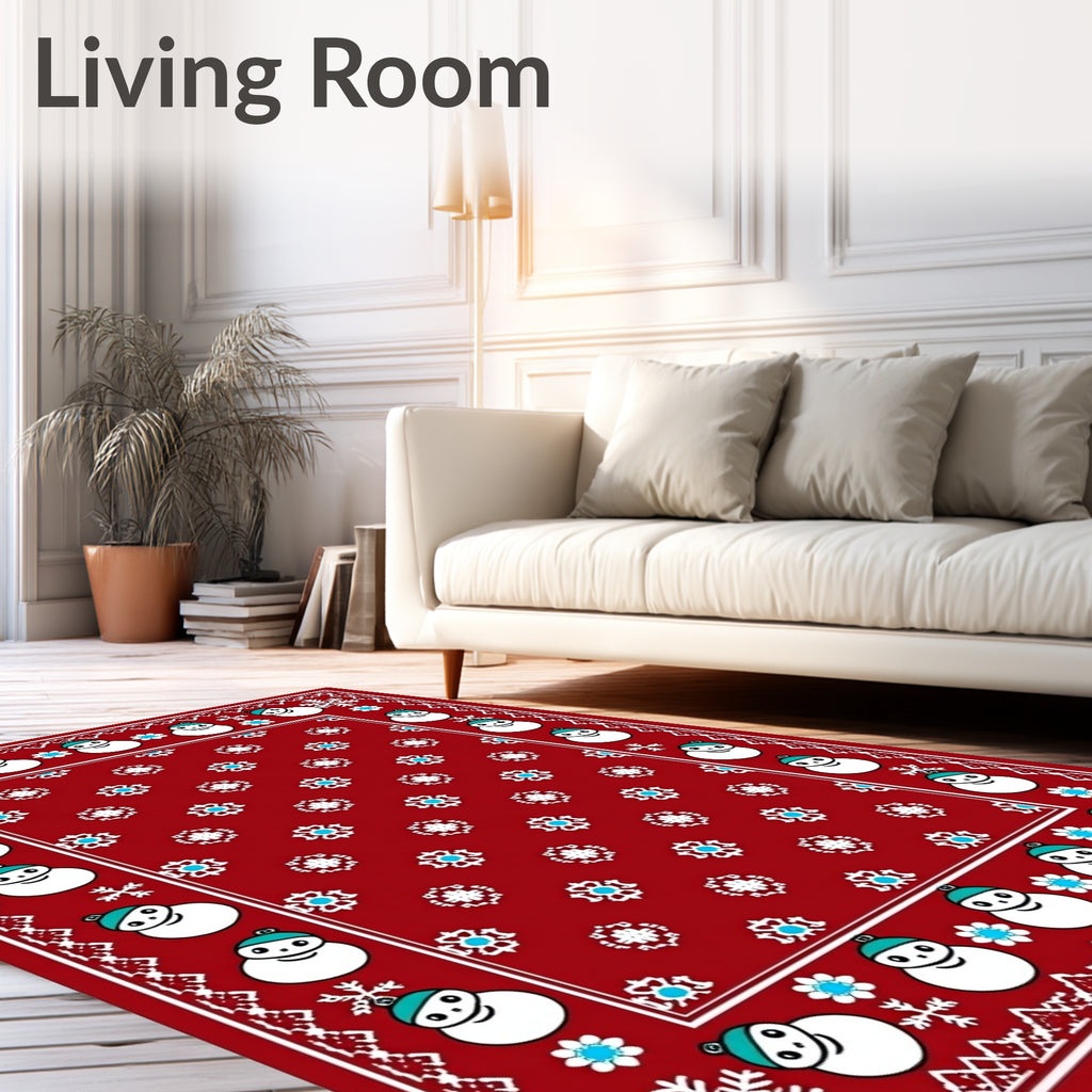Festive Red Snowman Snowflake Border Rug