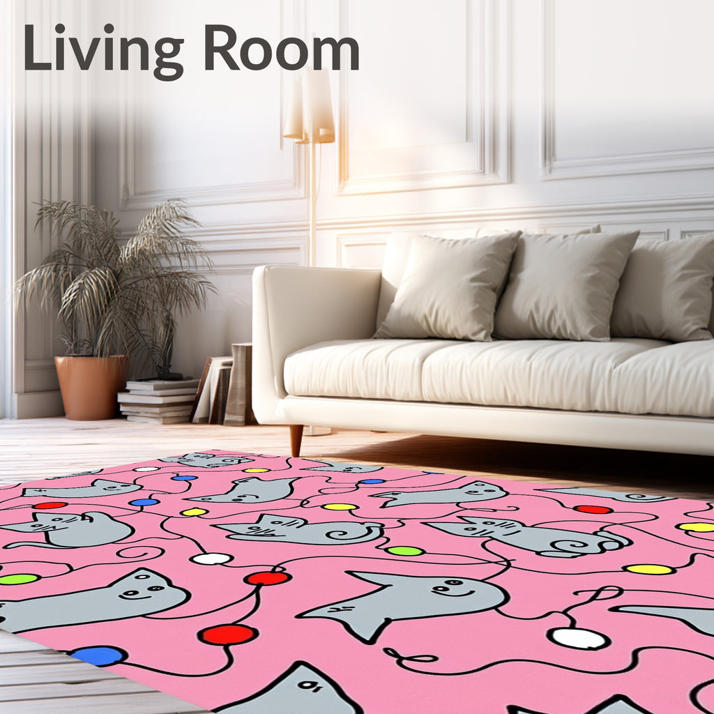 Pink Gray Cat Festive String Lights Rug