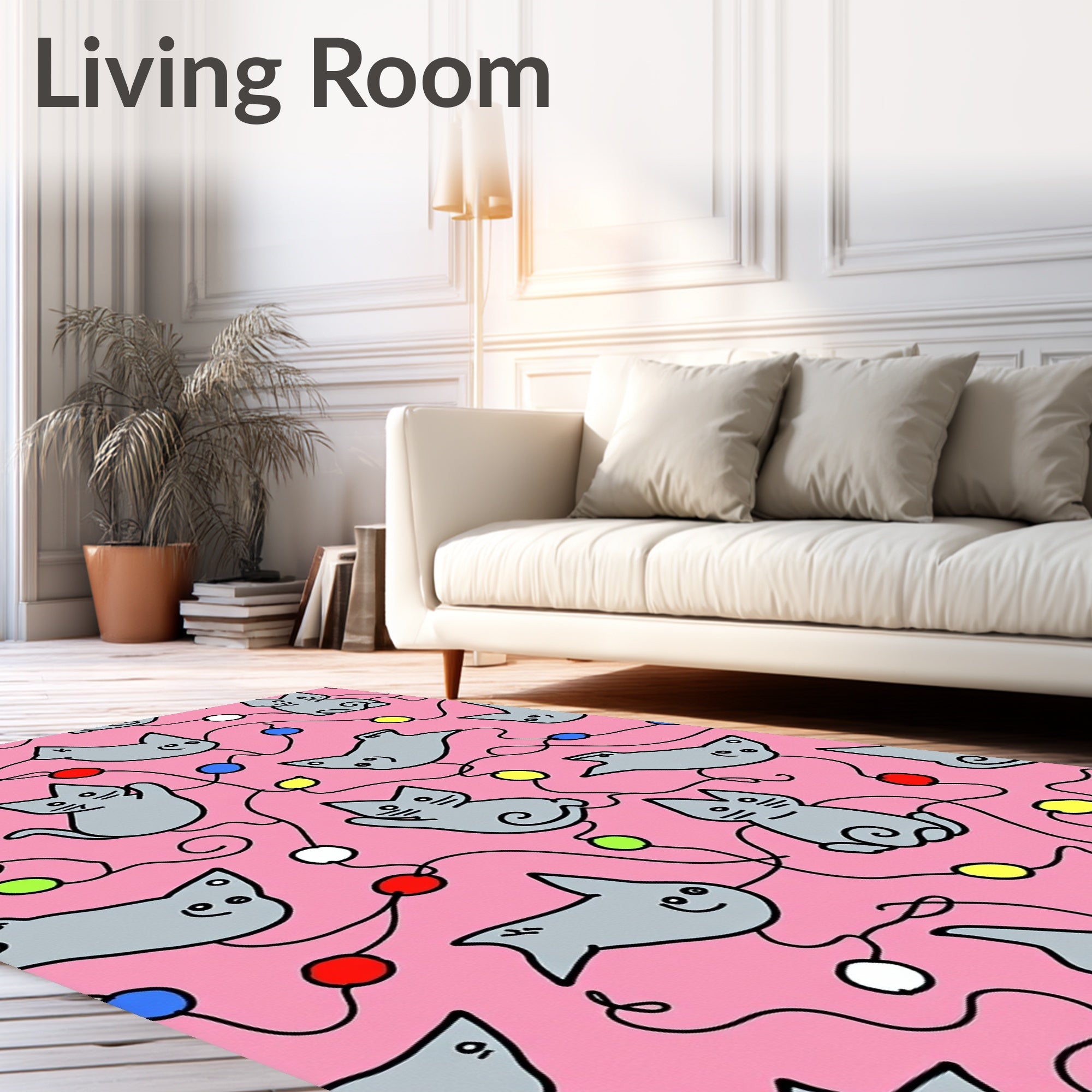 Pink Gray Cat Festive String Lights Rug